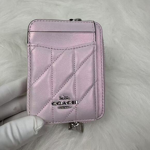Coach Zip Card Case With Chain Wrist Strap In Leather/Silver/Pink CBL77 NWT - Picture 2 of 5